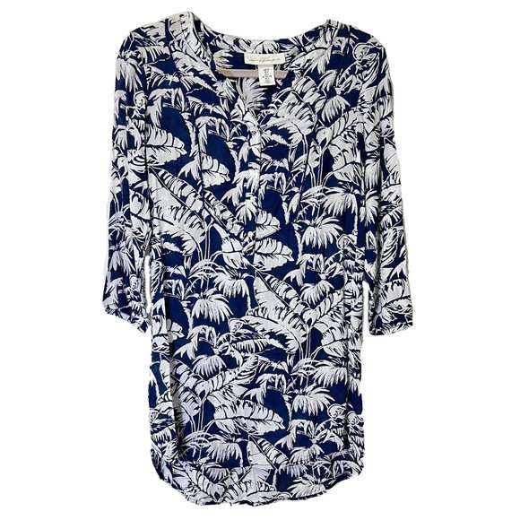 H&M L.O.G.G Dresses & Skirts - L.O.G.G. H&M Women Tunic Dress Blue White 2 Beach Cover Up Palm Leaves Tropical